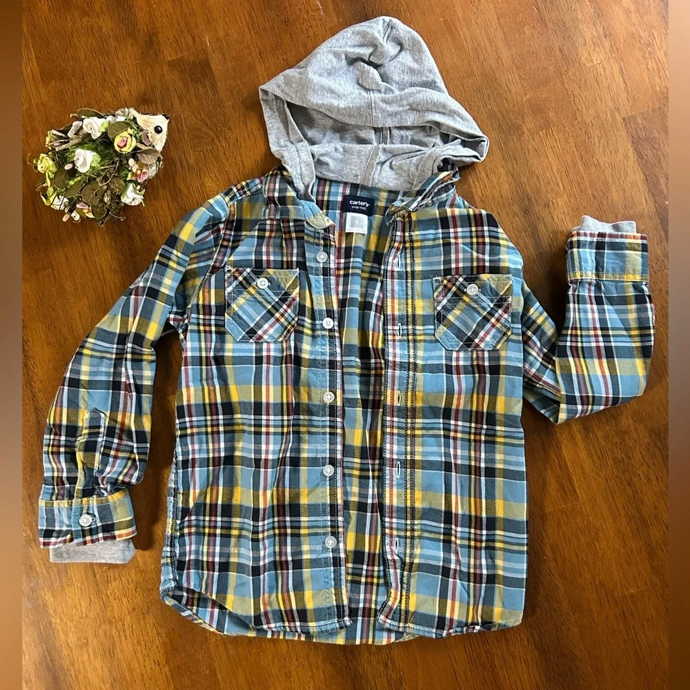 Plaid Hooded Button-Down Shirt Jacket | Boy Size 6 | Blue Yellow Gray | Carter’s
